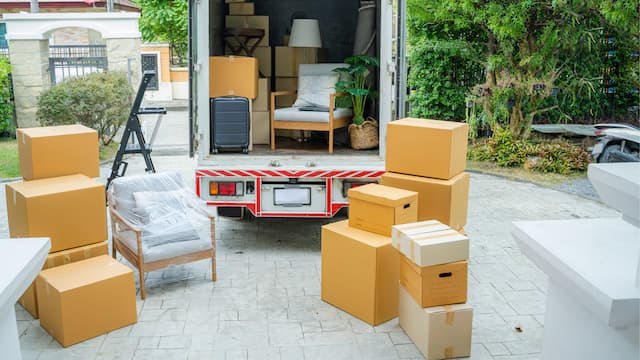Boxes unloaded from a moving truck