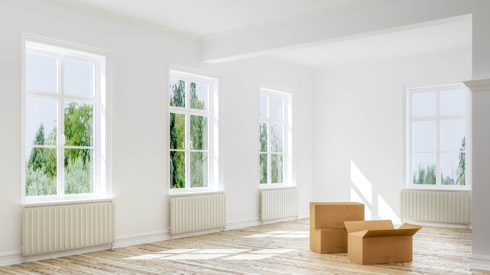 Image of a mostly empty nampa house with boxes in the living room