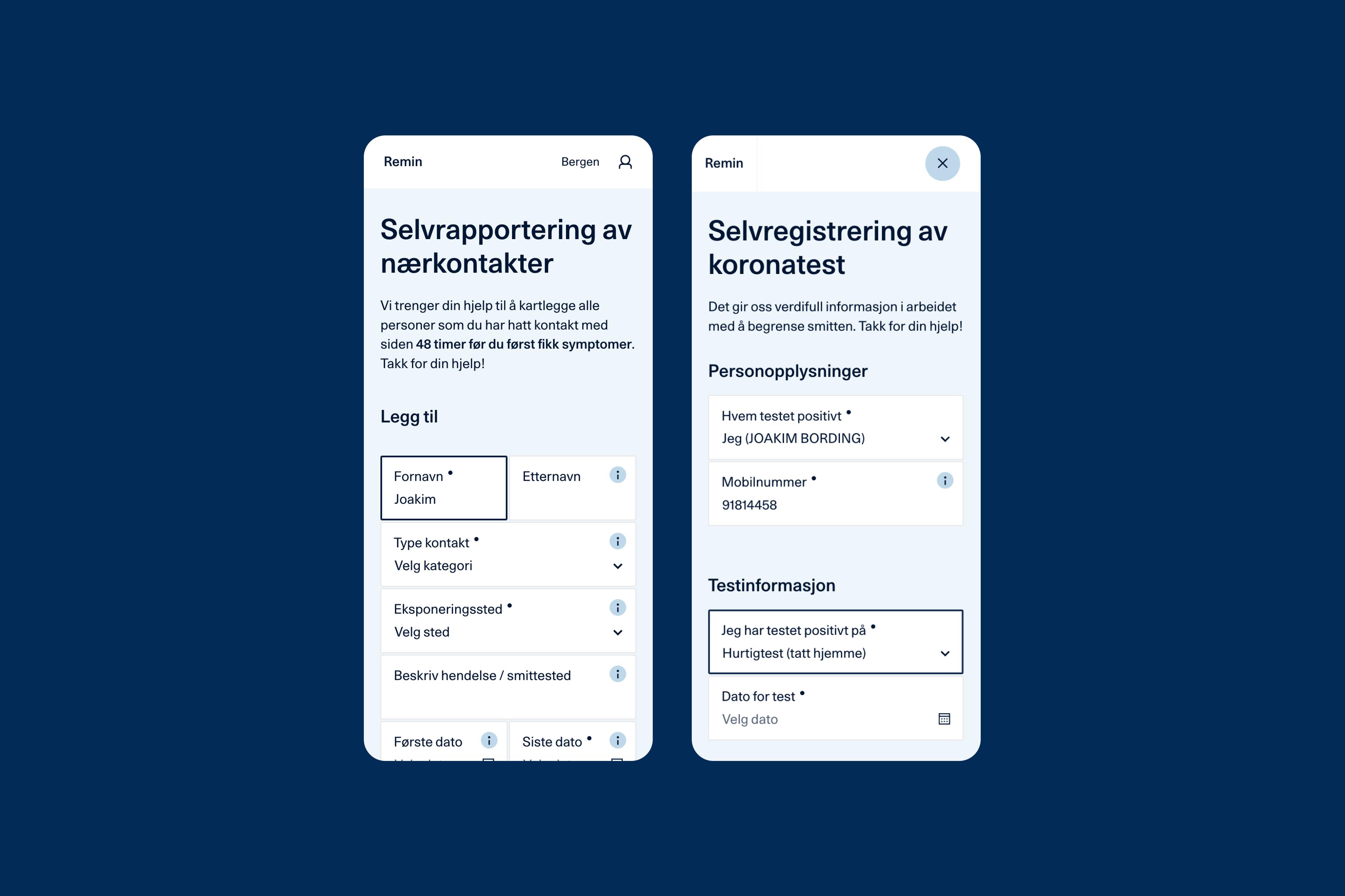 Selvrapportering av nærkontakter, skjermbilde