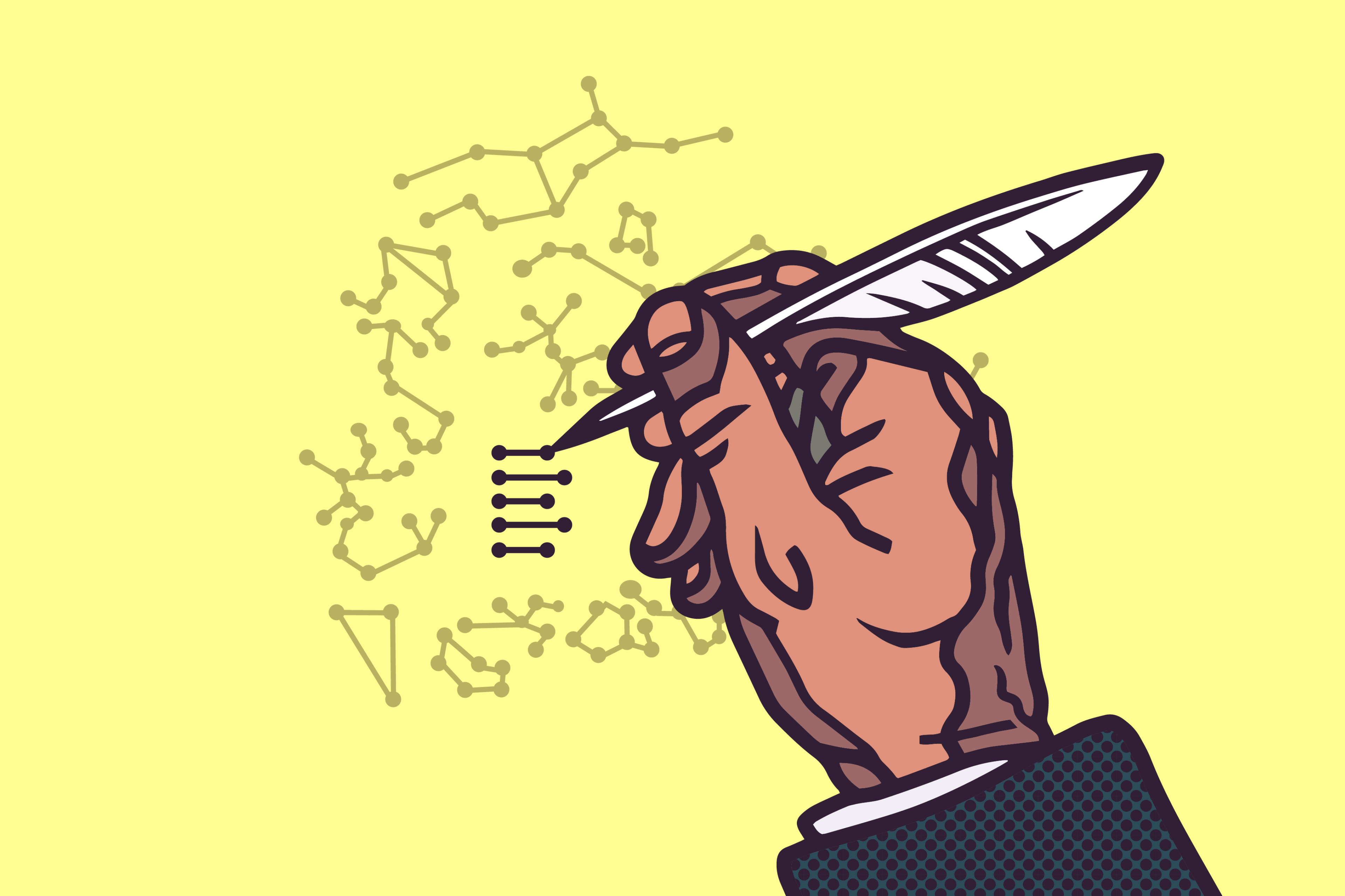 Illustrasjon av en hånd som tegner stjernebilder (illustrasjon: Børge Bredenbekk)