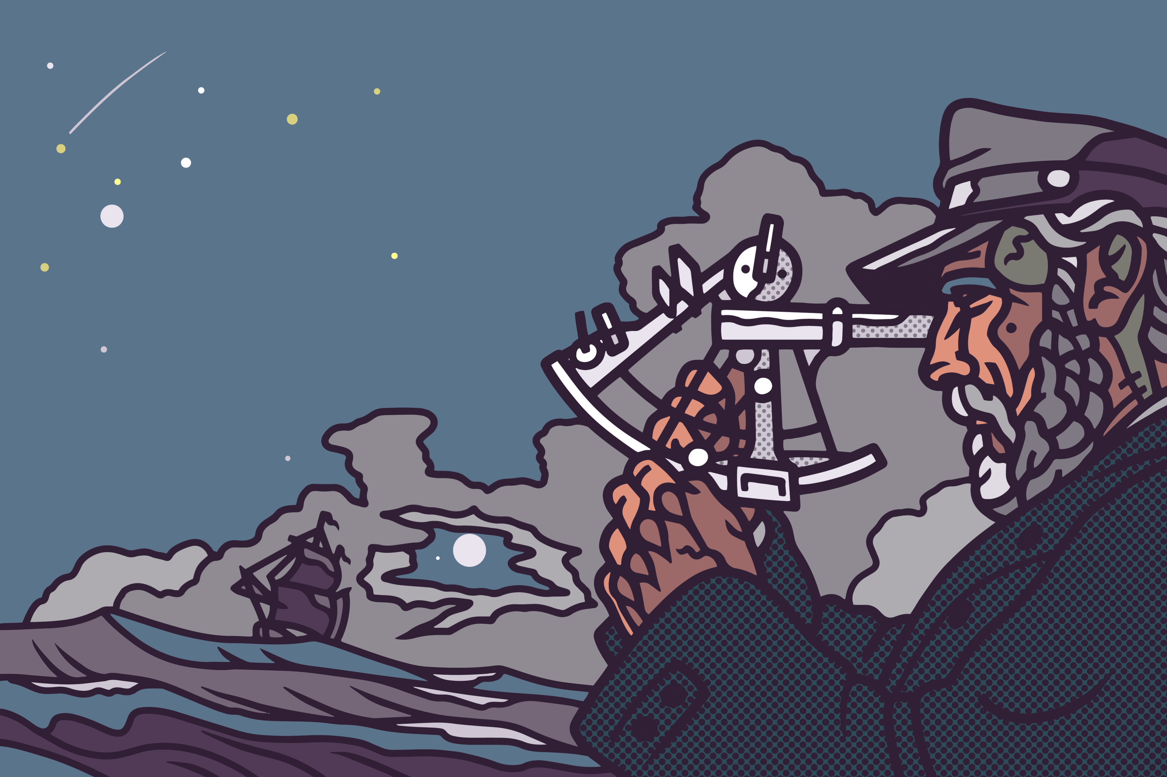 Illustrasjon av en sjømann med sekstant som navigerer etter stjernene (illustratør: Børge Bredenbekkrasjon)