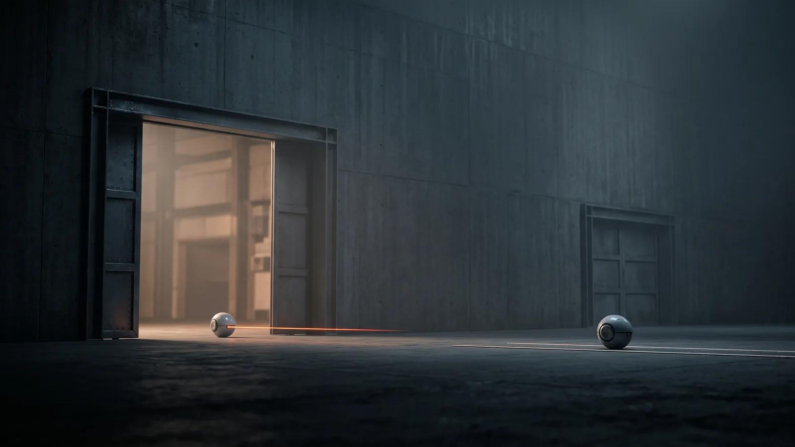 Mały robot przejeżdża przez otwarte drzwi, zostawiając pomarańczową smugę, a drugi zatrzymuje się przed zamkniętą bramą, symbolizując wpuszczanie i blokowanie robotów w robots.txt