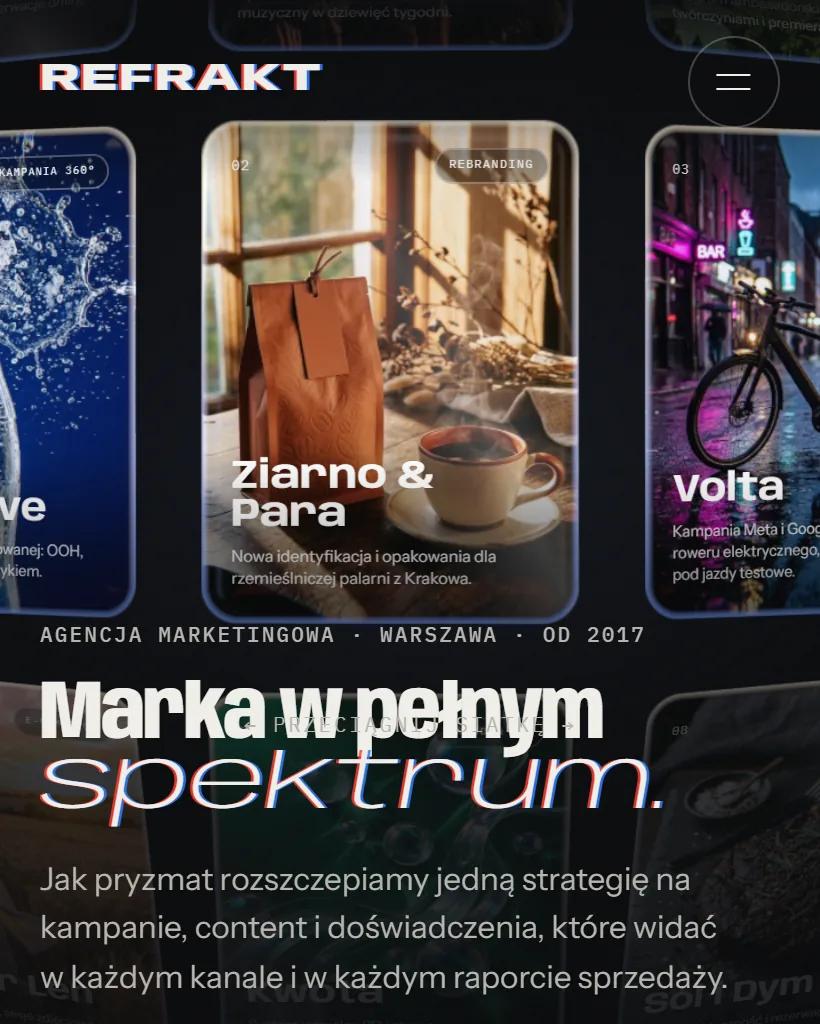 Mobilny widok strony Refrakt: szklane karty realizacji nad hasłem „Marka w pełnym spektrum.”
