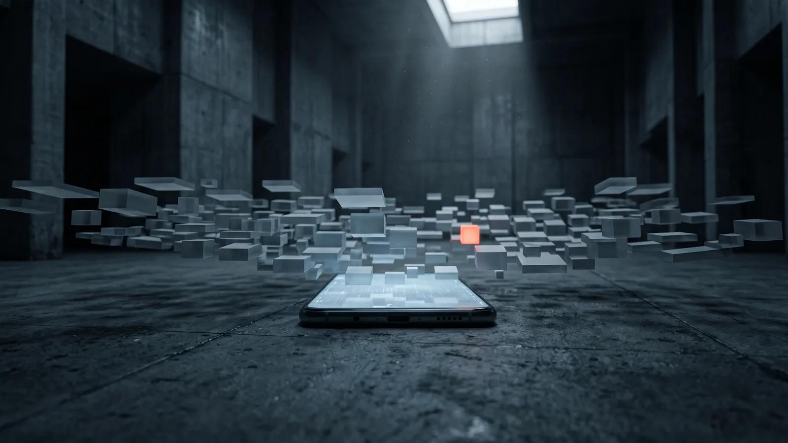 Smartfon na betonowej posadzce, z którego ekranu wylatują bloki układu strony i rozsypują się daleko poza jego krawędzie, symbolizując stronę niedostosowaną do telefonu