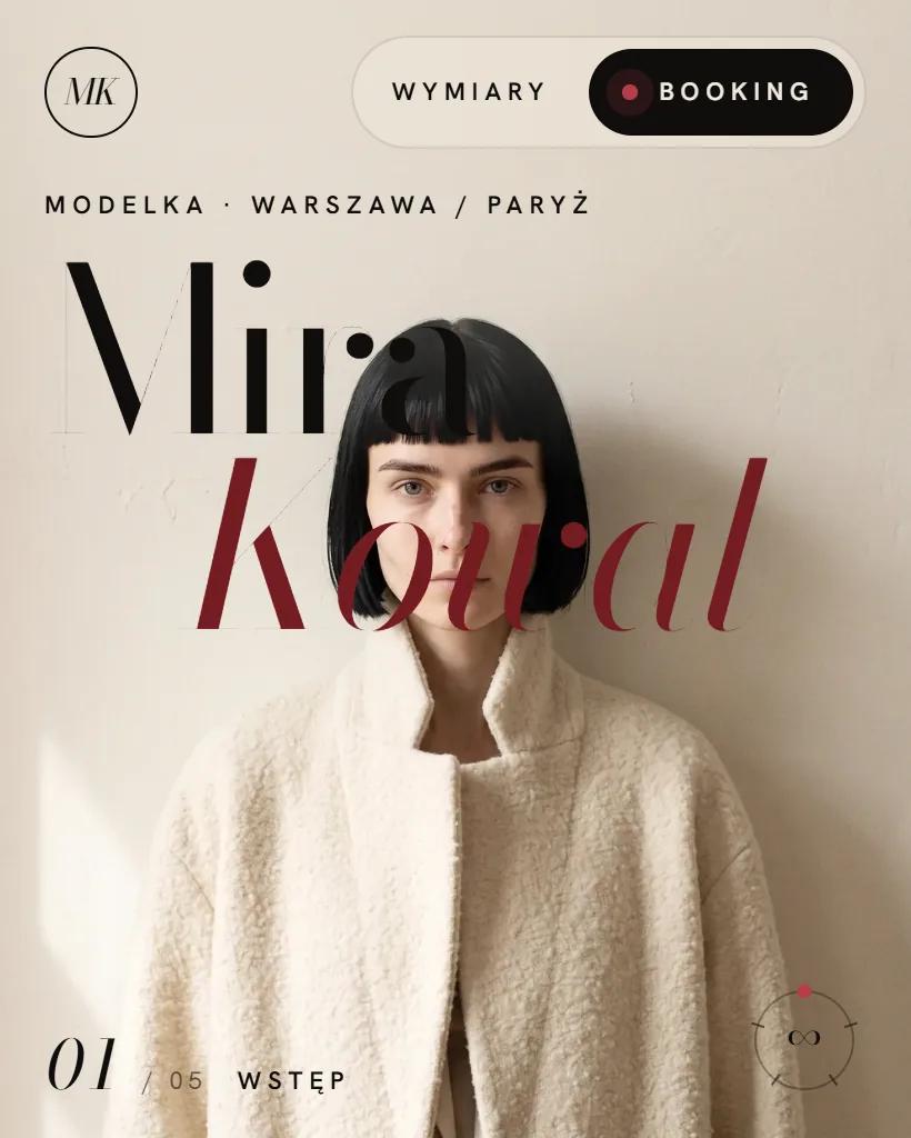 Mobilny widok portfolio Miry Kowal: portret modelki w kremowym płaszczu i nazwisko w kroju szeryfowym
