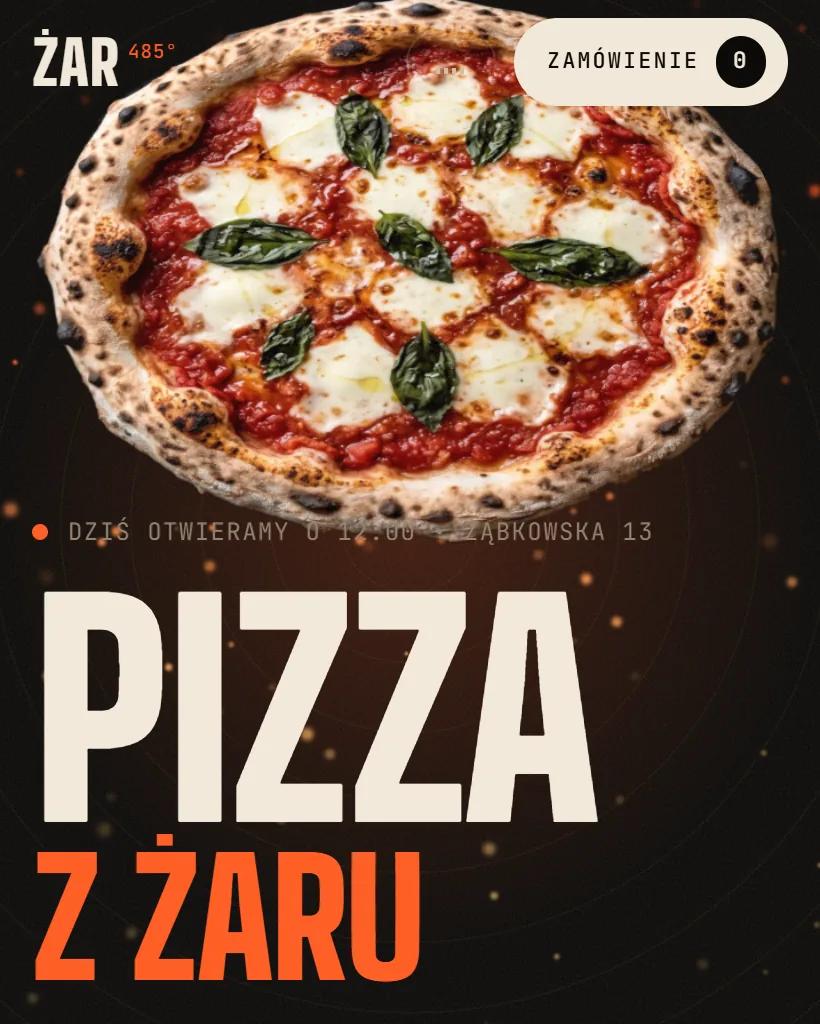 Mobilny widok strony pizzerii Żar: pizza margherita nad hasłem „Pizza z żaru”
