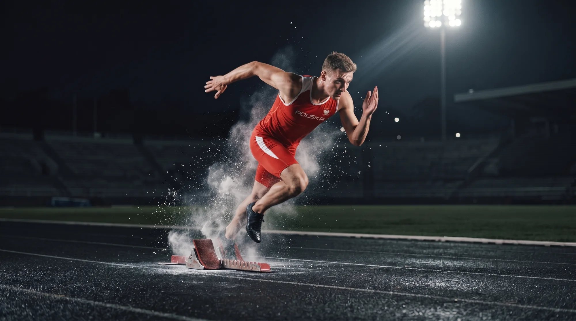 Polski sprinter w czerwonym stroju reprezentacji z napisem POLSKA wybiegający z bloków startowych nocą na stadionie