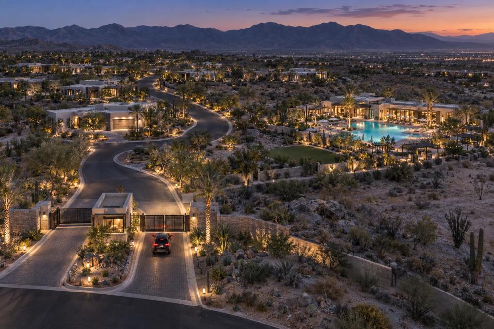 Illustrative desert community at dusk with a staffed entrance, shared amenities, palms and mountain views