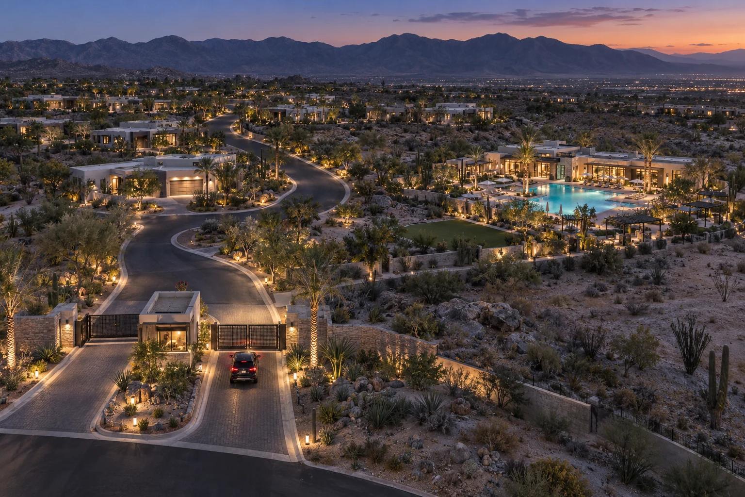 Illustrative desert community at dusk with a staffed entrance, shared amenities, palms and mountain views