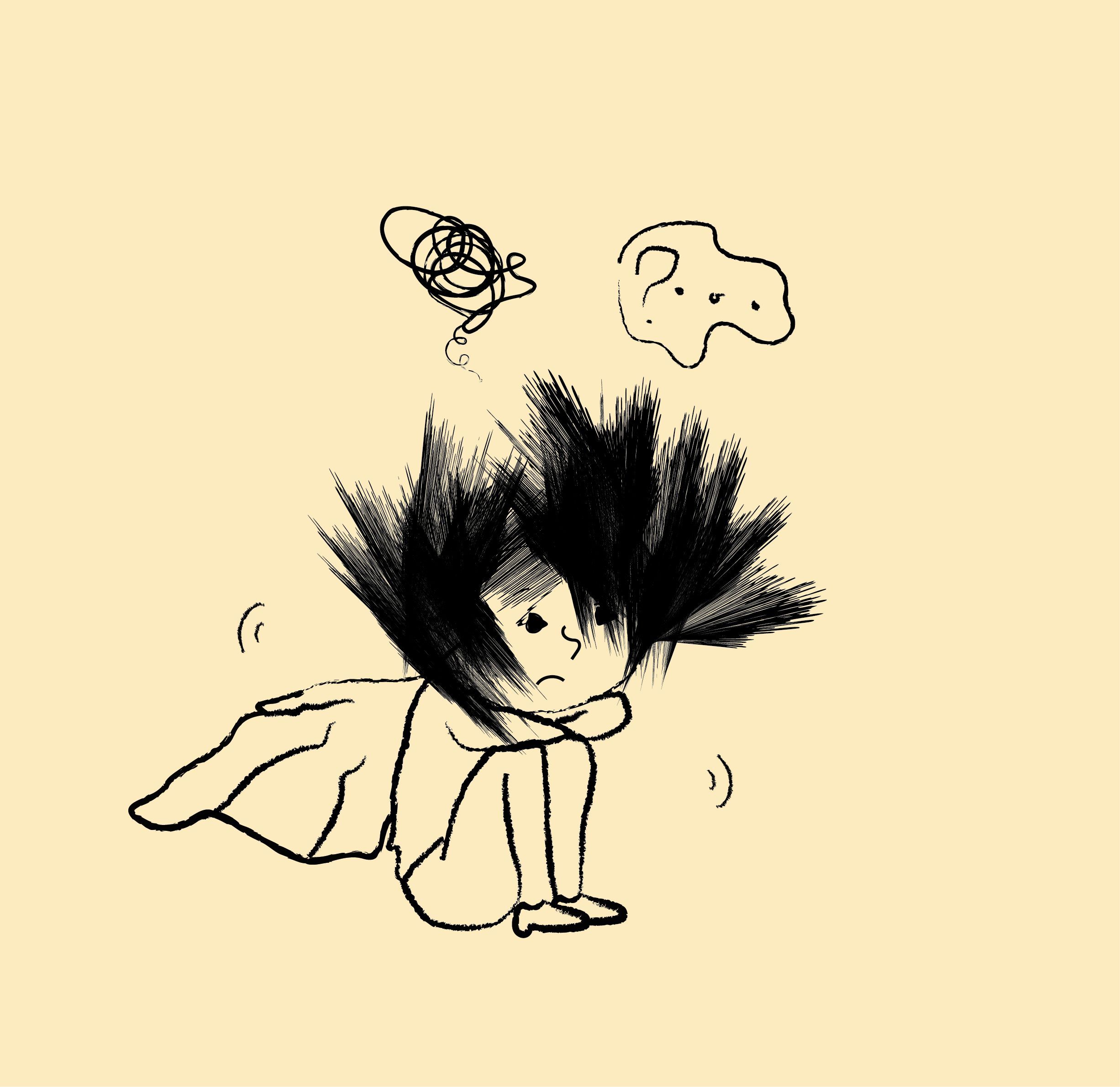 Kris sitter og skjelver. Av tankeboblene kan vi se at han har vonde tanker. 