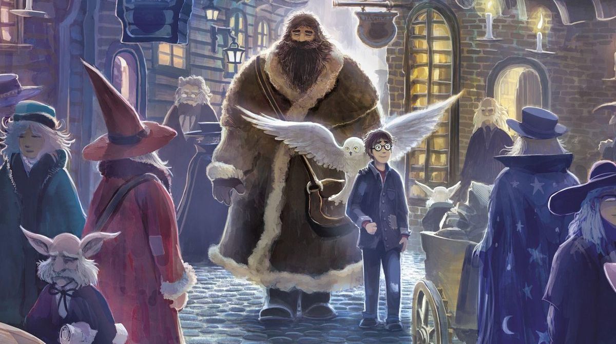 Harry Potter på vei til å kjøpe skolesaker i Harry Potter and the philosopher stone av J.K Rowling