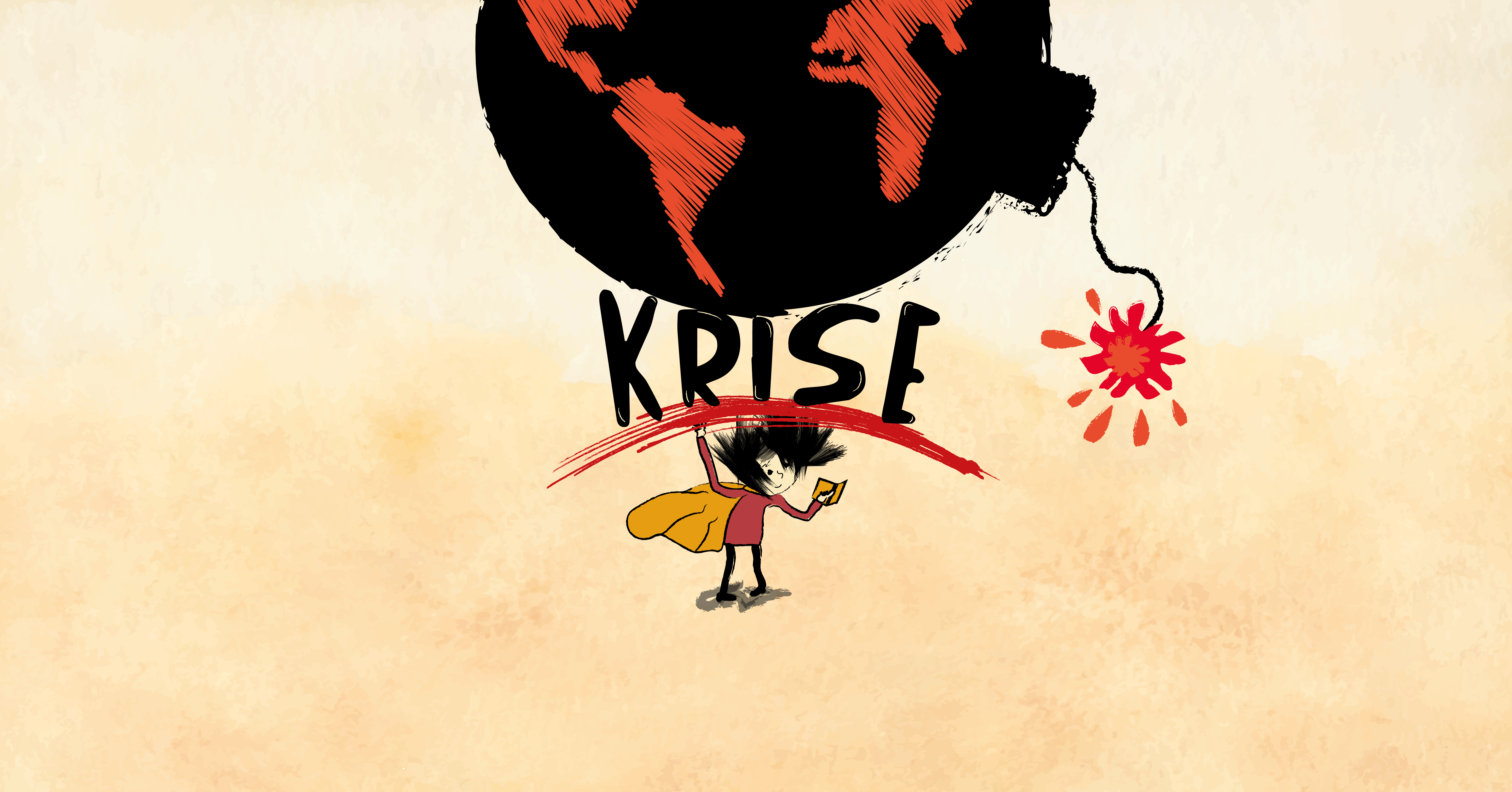 Nordisk barnebokkonferanse 2023 profil. Tema Krise. Kris bærer en jordklode som kan eksplodere. Utformet av Aleyne Castillo/Solv.