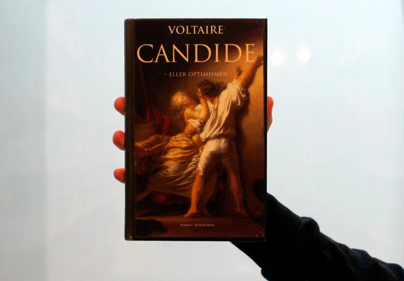 Hånd som holder Voltaires bok Candide