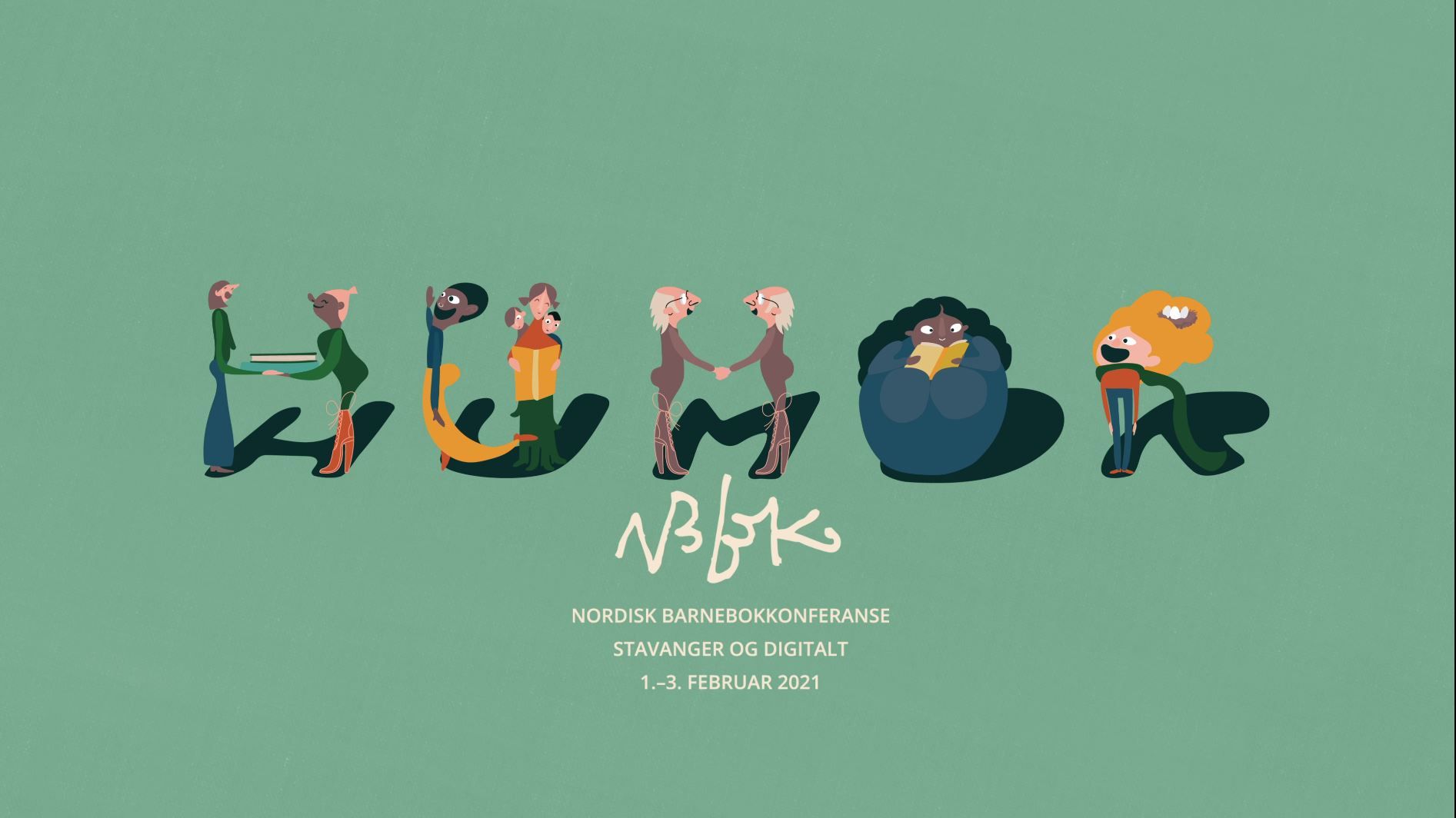 Tegnefigurer i ulike figurer, skyggene deres staver temaet "Humor". Under står det Nordisk Barnebokkonferanse, Stavanger og digitalt, 1.-3. februar 2021. 