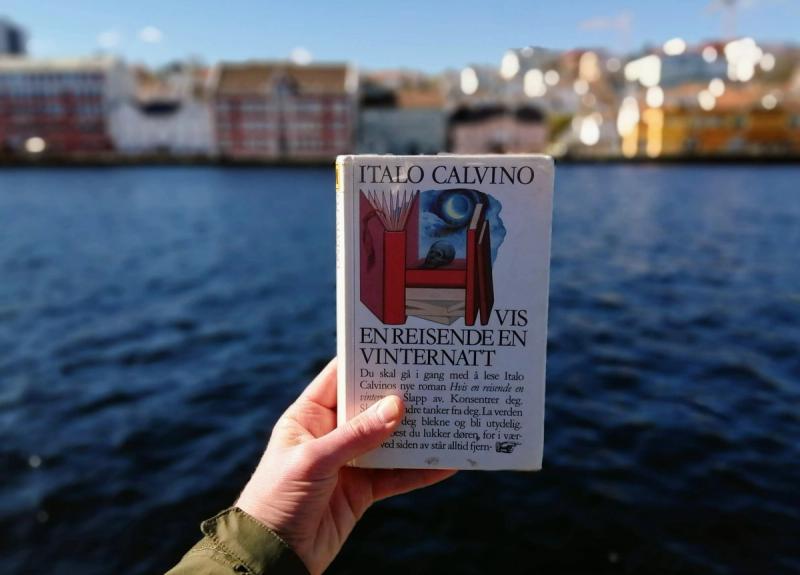 Hvis en reisende en vinternett av Italo Calvino holdt i en hånd ved Vågen i Stavanger.jpg