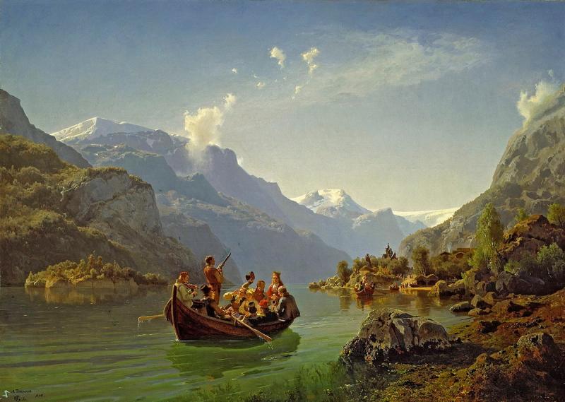 Adolph Tidemand & Hans Fredrik Gude Brudeferd i Hardanger maleri falt i det fri