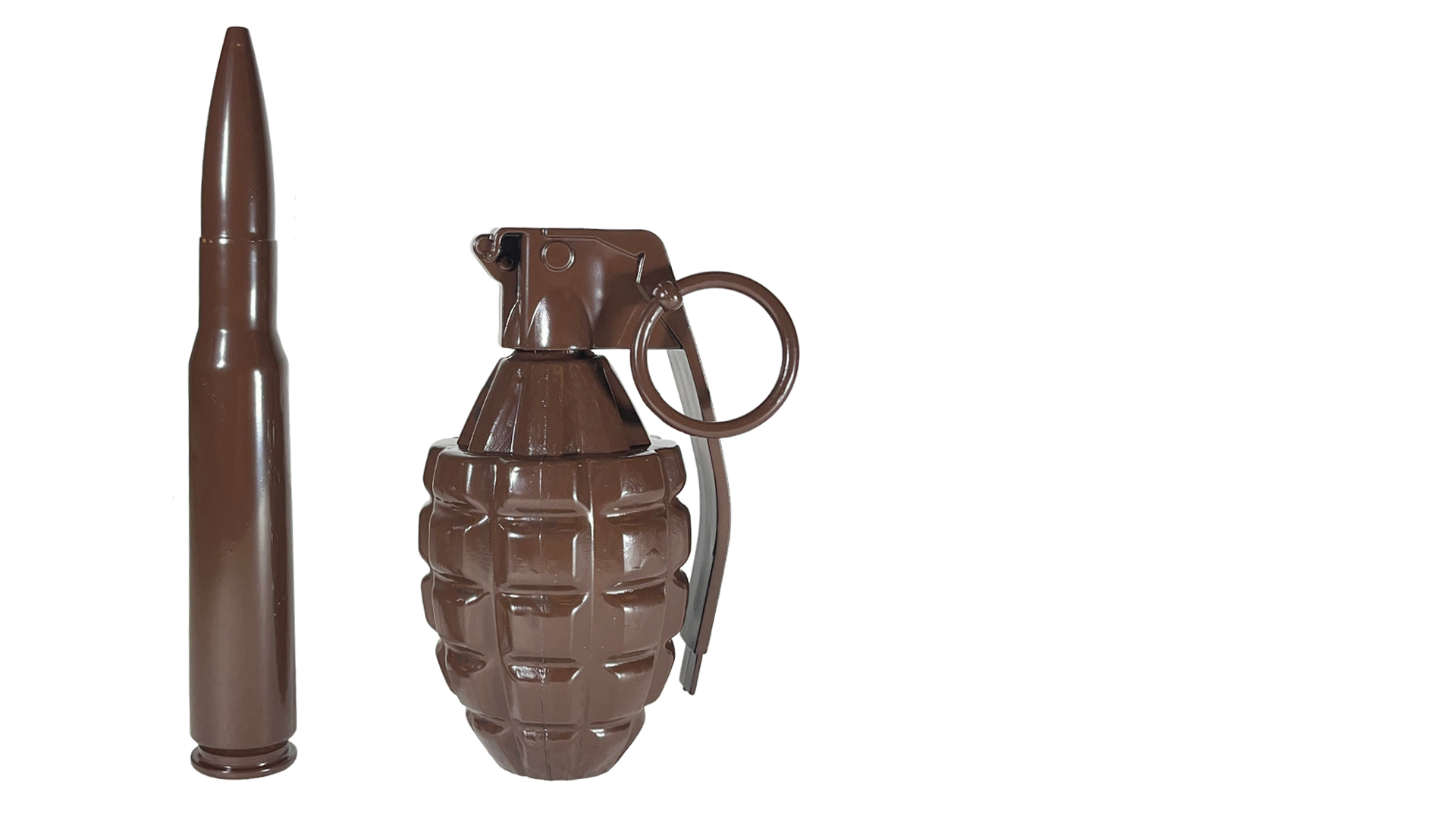 Elemeter fra utstillingen Dark Chocolate, en patron og håndgranat i sjokolade.