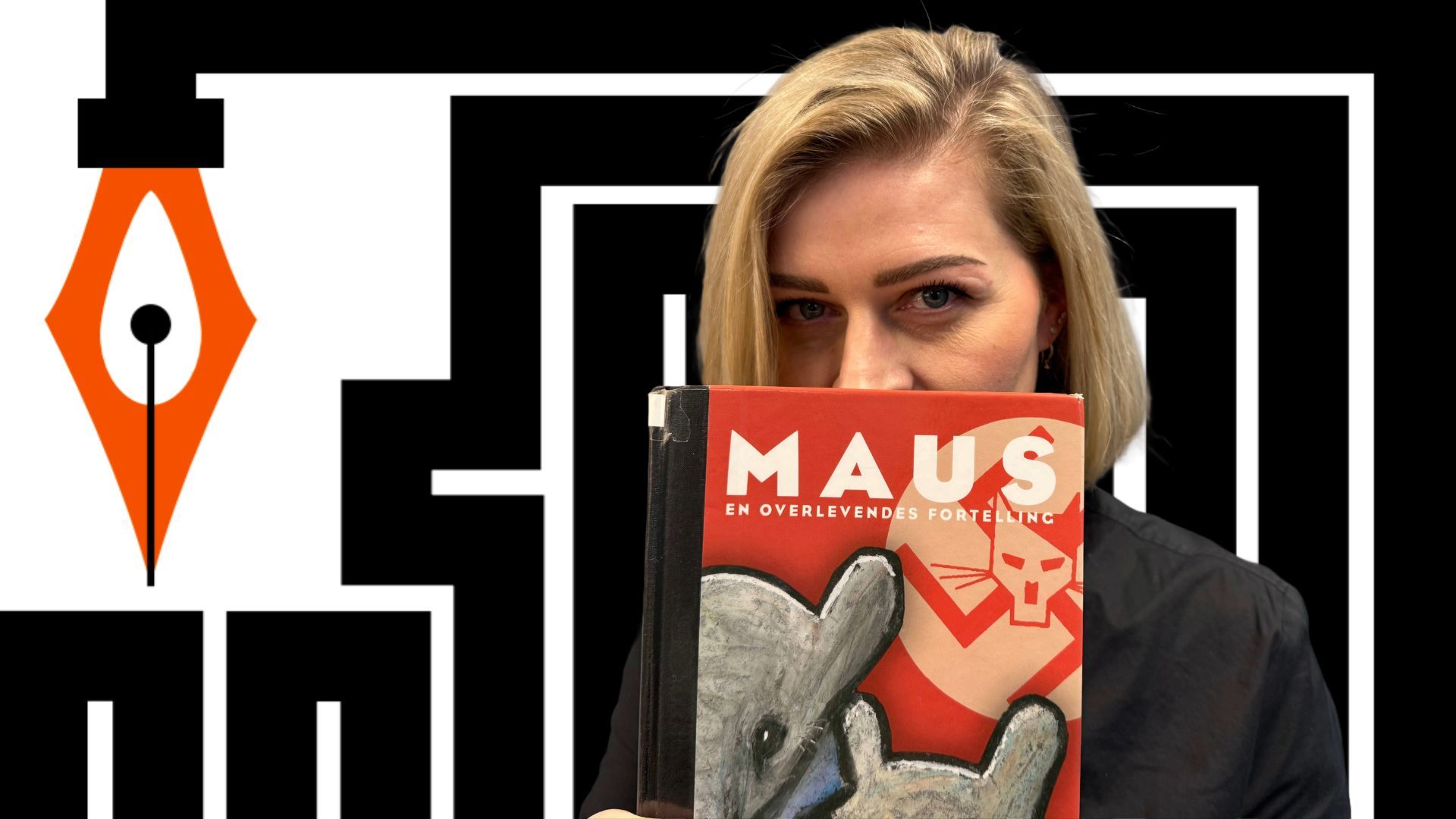 Marianne Hovdan holder boka Maus foran en logo for Ytringsfrihetsbyen Stavanger