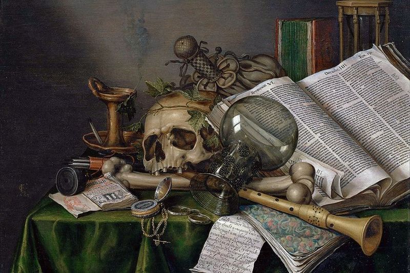 Vanitas – Still Life with Books and Manuscripts and a Skull (1663) av Edwaert Collier