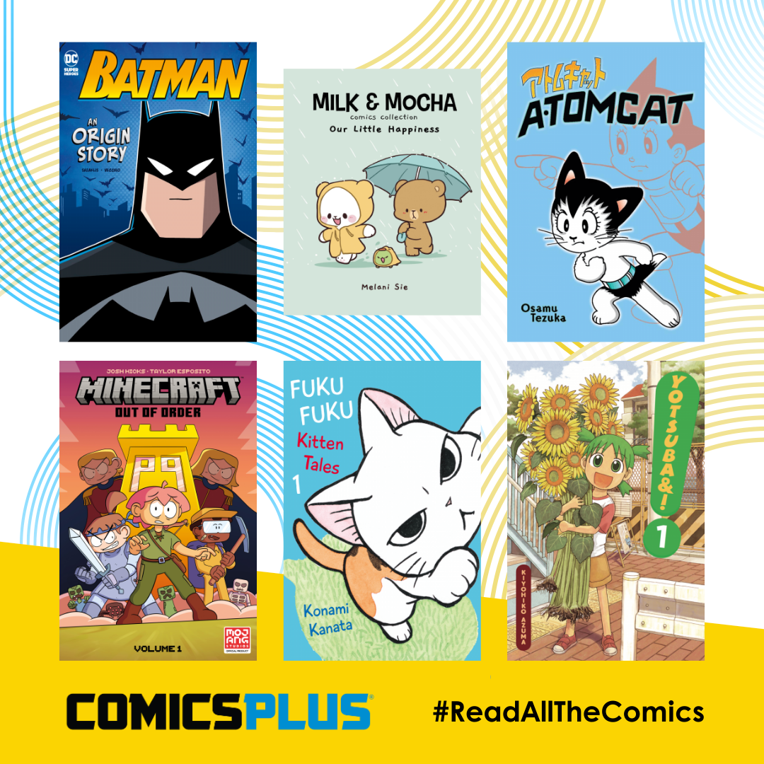 Comicsplus med forsidene til Batman: Origin Story, Milk and Mocha, Atomcat, Minecraft: Out of Order, Fukufuku Kitten tales og Yotsuba&!