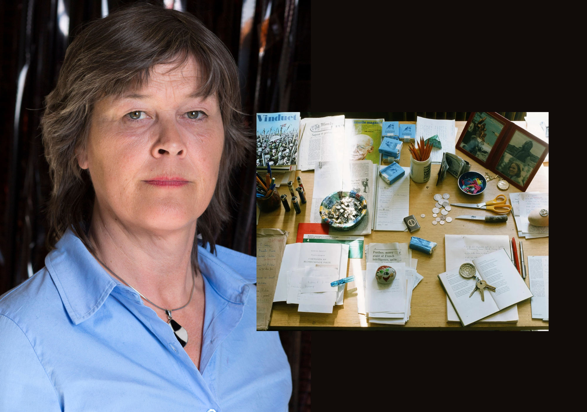 Foto av Lene Berg og billedcollage av skrivekunstverksted
