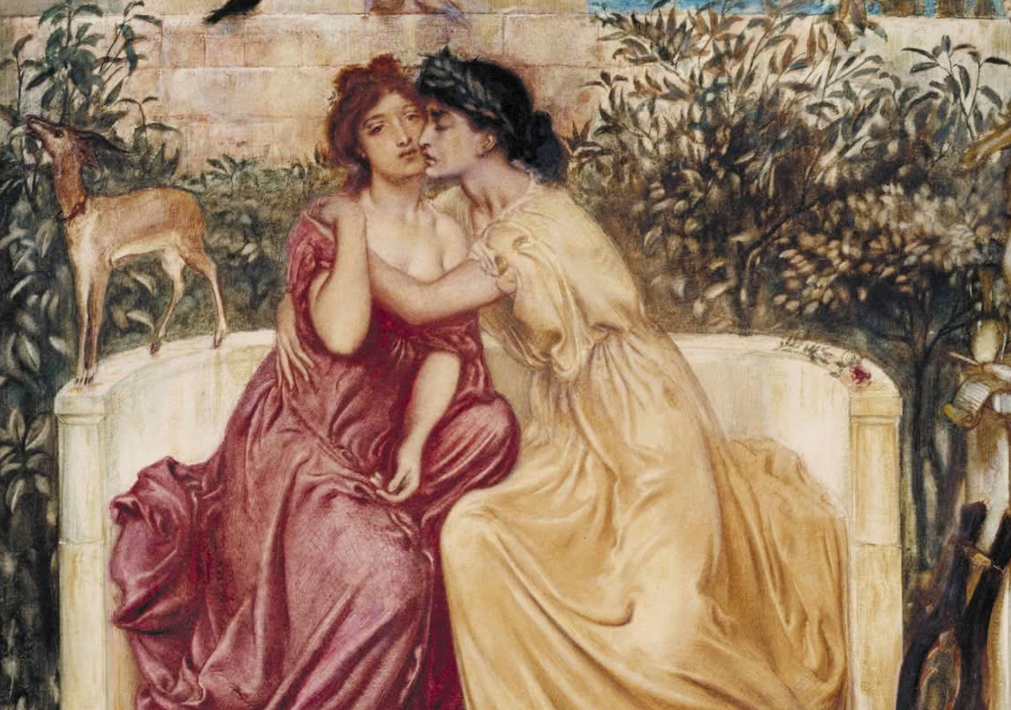 Seksualitetens historie to damer i antikken kysser og klemmer i en hage.