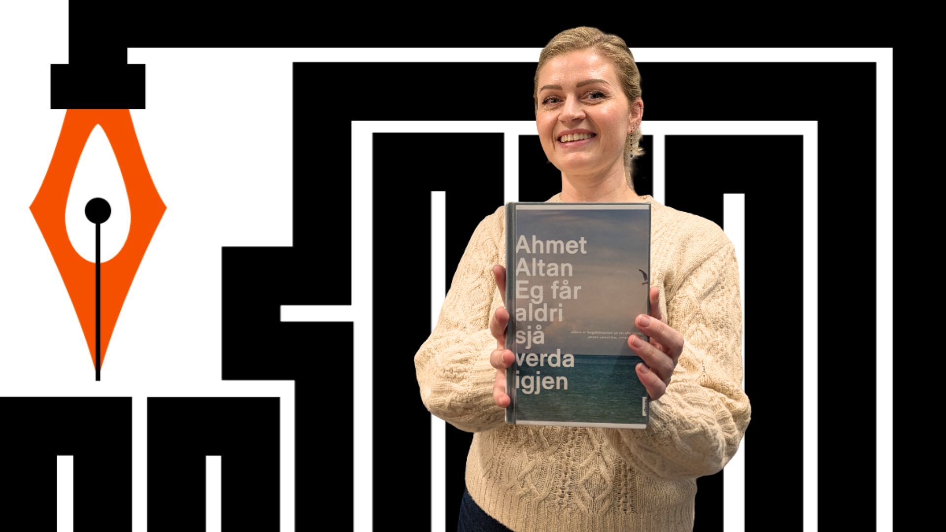 Marianne Hovdan holder boka Eg får aldri sjå verda igjen med designelement fra Ytringsfrihetsbyen Stavanger som bakgrunn