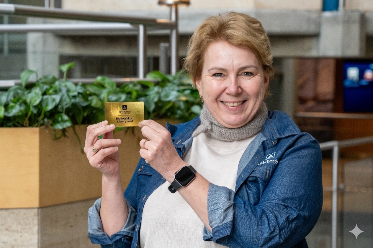 Biblioteksjef Anne Torill viser stolt frem gullkortet første april