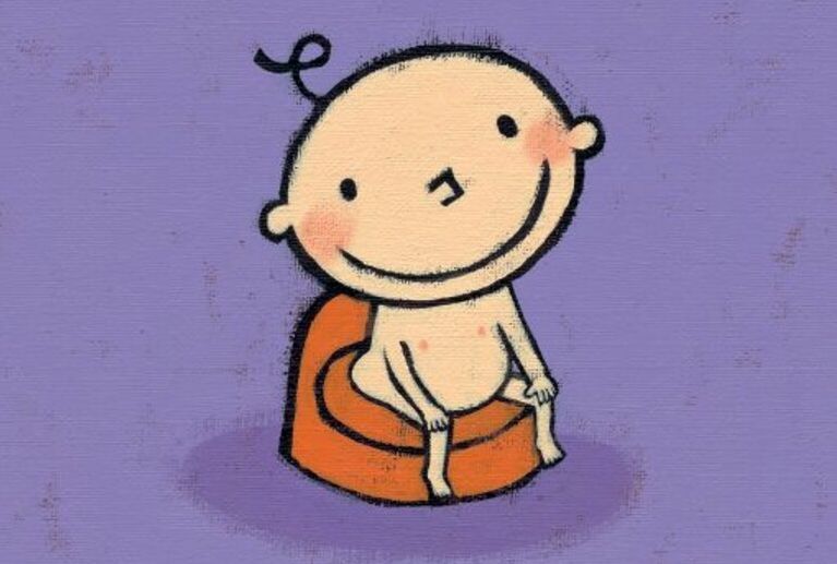 En illustrasjon av et barn som sitter på en potte.