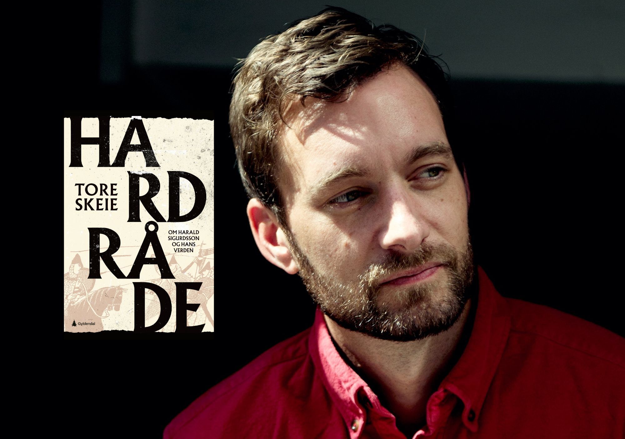 Foto: Tore Skeie med bokcover "Harald Hardråde".
