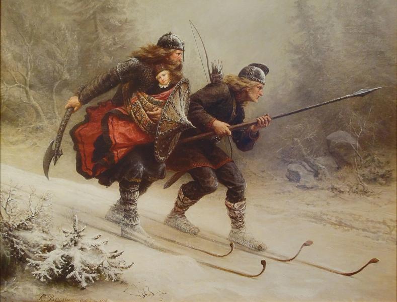 Knud Bergsliens maleri «Birkebeinerne», som viser Torstein Skevla og Skjervald Skrukka som flykter fra baglerne med den vesle Håkon Håkonsson, kongssønnen, til birkebeinernes «hovedstad» Nidaros i 1206.