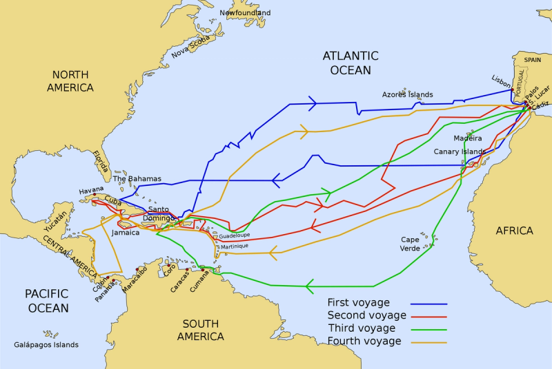 Kart over Kristoffer Kolumbus' reiser til Amerika