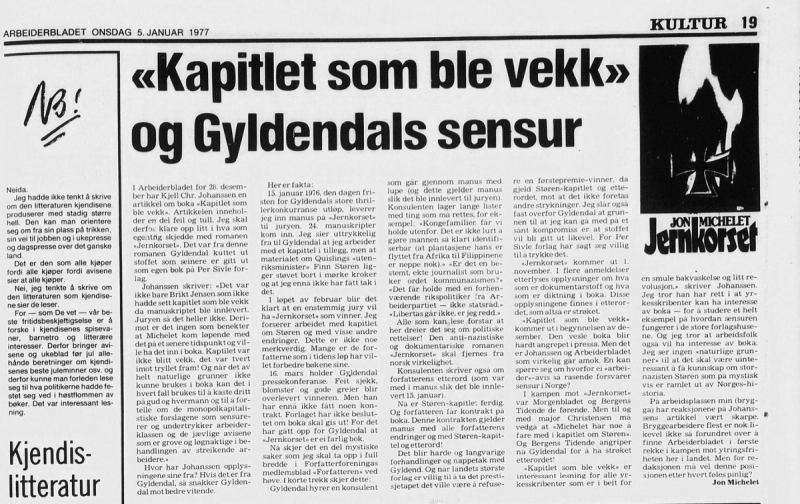 Arbeiderbladet 5 januar 1977 faksimile av debatt om Jon Michelets roman Jernkorset