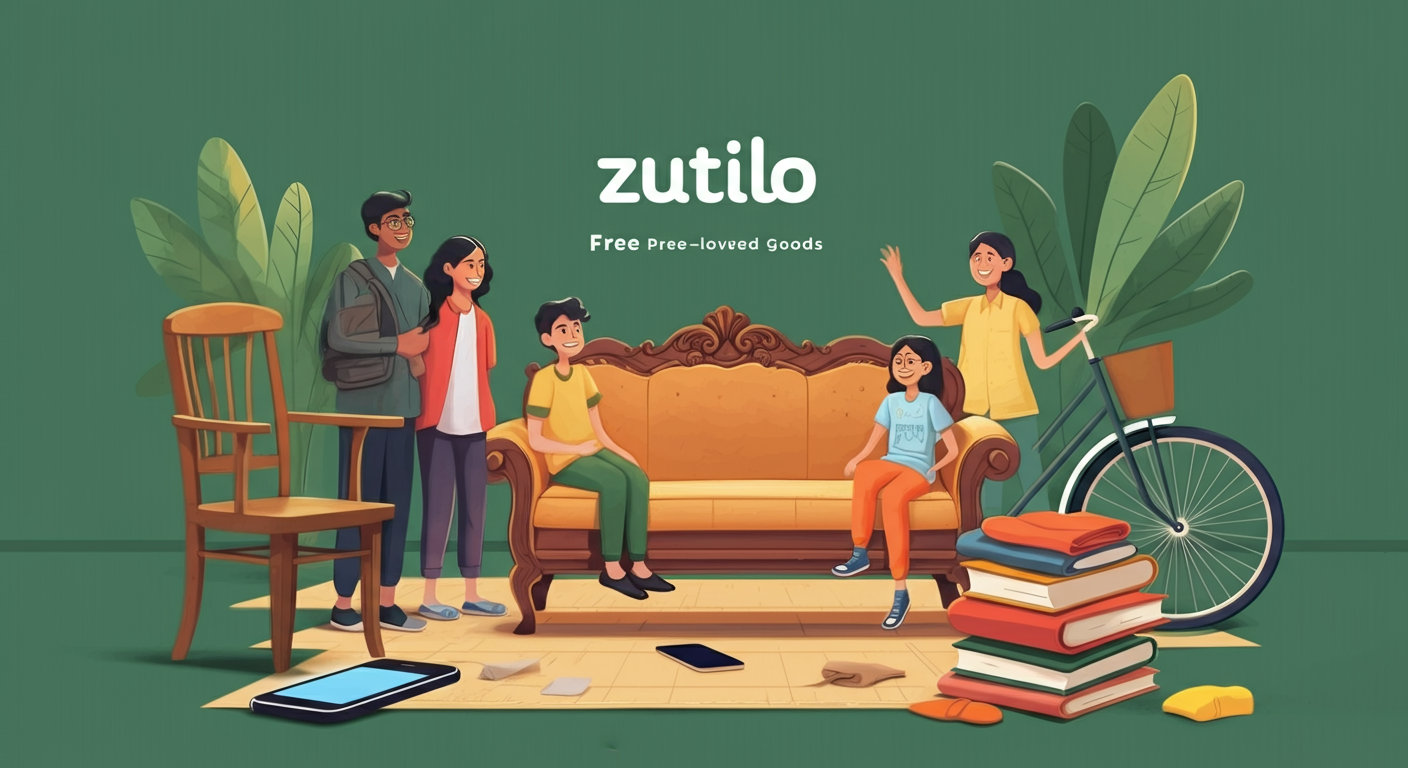 Vibrant community marketplace scene showing diverse Indian people exchanging pre-loved goods including furniture, electronics, books, and clothing