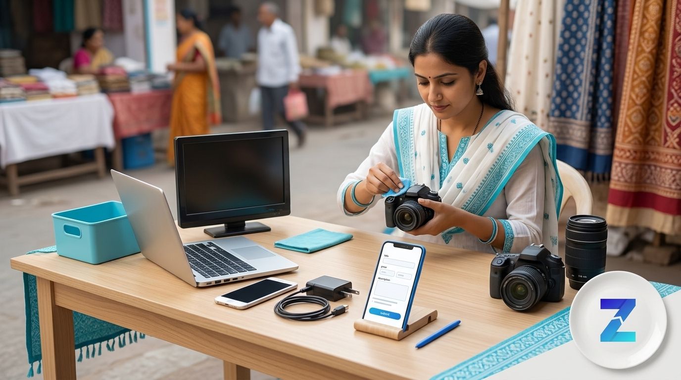 Seller preparing a used electronics listing with phone, laptop, TV and accessories in Gujarat
