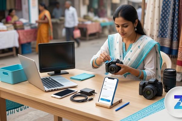 Seller preparing a used electronics listing with phone, laptop, TV and accessories in Gujarat Seller preparing a used electronics listing with phone, laptop, TV and accessories in Gujarat