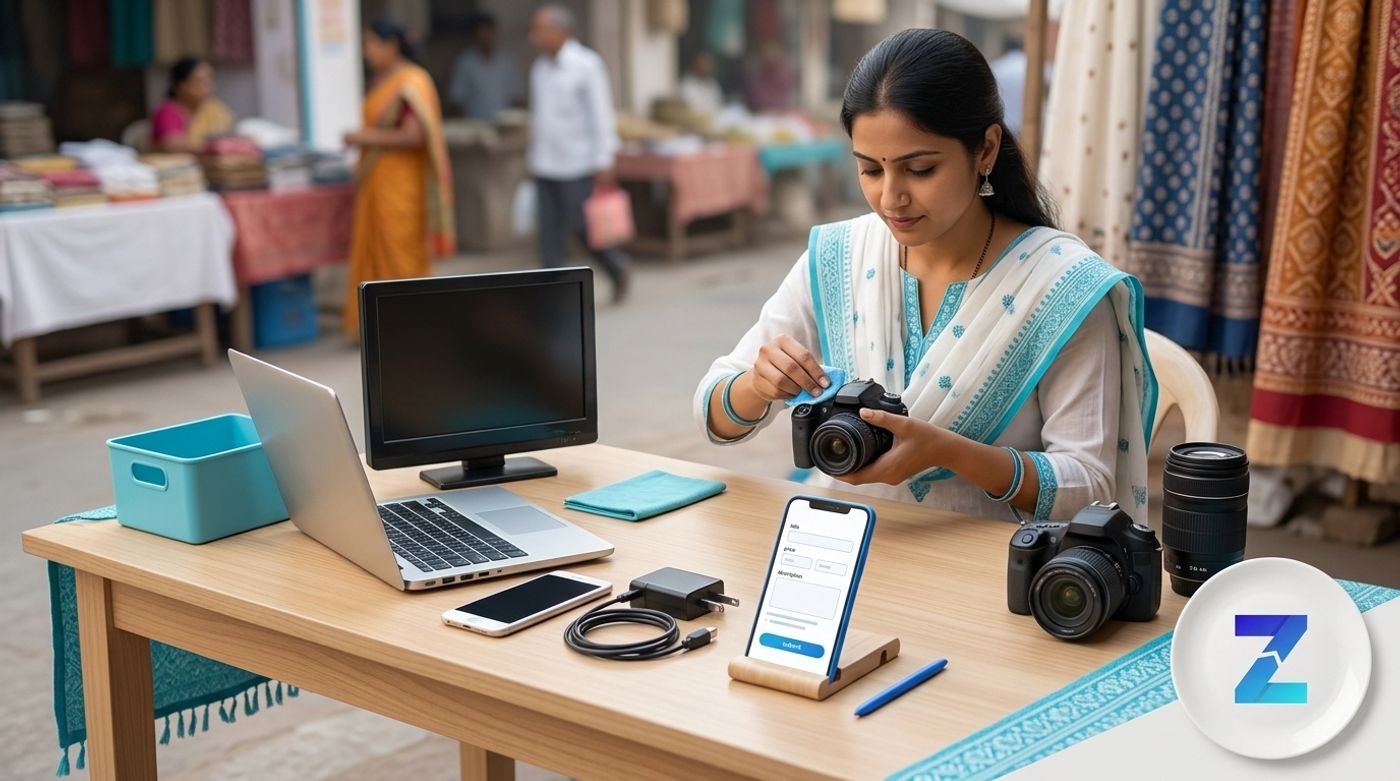 Seller preparing a used electronics listing with phone, laptop, TV and accessories in Gujarat Seller preparing a used electronics listing with phone, laptop, TV and accessories in Gujarat