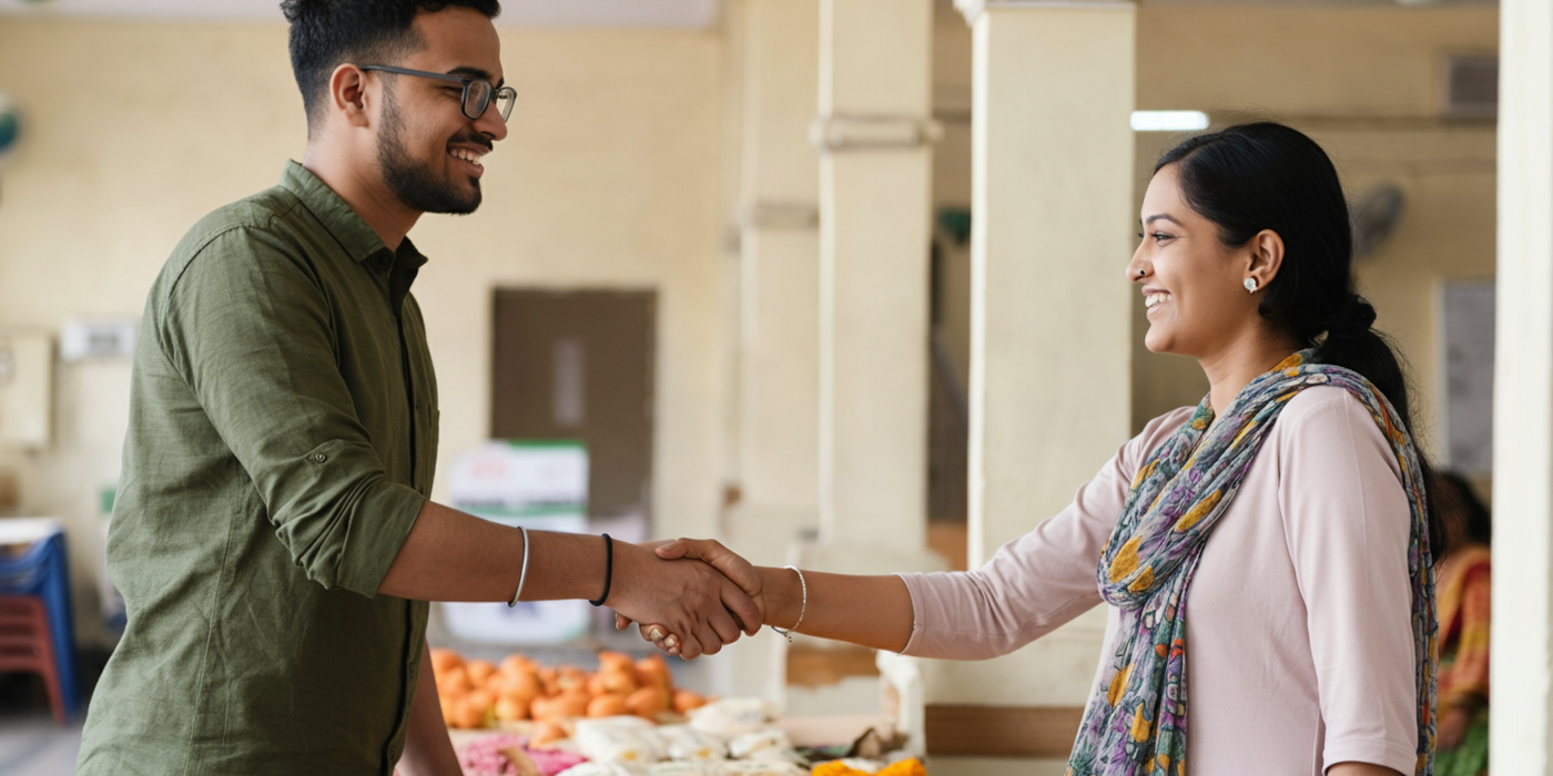 Two people shaking hands in a friendly local marketplace transaction, representing safe and trustworthy commerce in the community Two people shaking hands in a friendly local marketplace transaction, representing safe and trustworthy commerce in the community