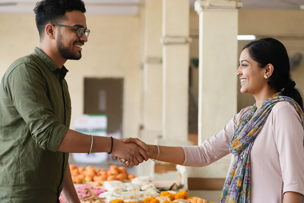 Two people shaking hands in a friendly local marketplace transaction, representing safe and trustworthy commerce in the community Two people shaking hands in a friendly local marketplace transaction, representing safe and trustworthy commerce in the community