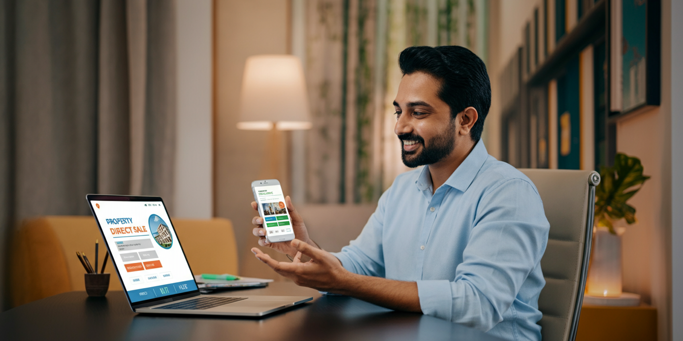 Indian property owner using laptop to list property online without broker on Zutilo platform Indian property owner using laptop to list property online without broker on Zutilo platform