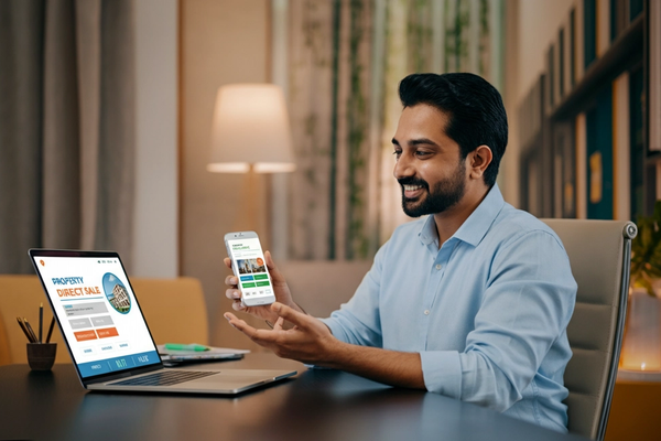 Indian property owner using laptop to list property online without broker on Zutilo platform Indian property owner using laptop to list property online without broker on Zutilo platform