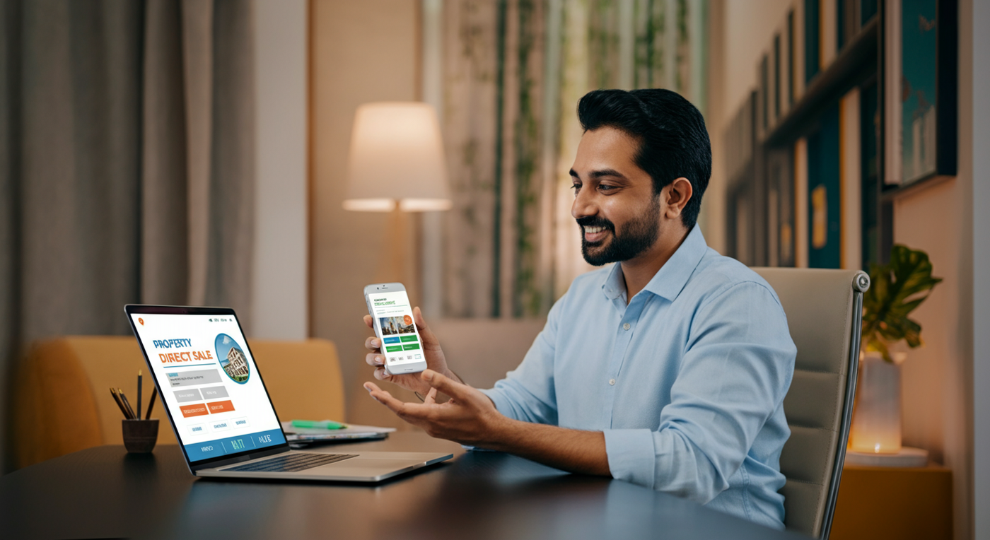 Indian property owner using laptop to list property online without broker on Zutilo platform Indian property owner using laptop to list property online without broker on Zutilo platform