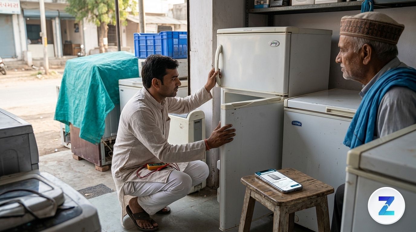 Buyer inspecting a used refrigerator and deep freezer before purchase in Gujarat