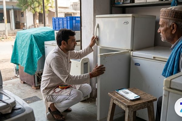 Buyer inspecting a used refrigerator and deep freezer before purchase in Gujarat Buyer inspecting a used refrigerator and deep freezer before purchase in Gujarat