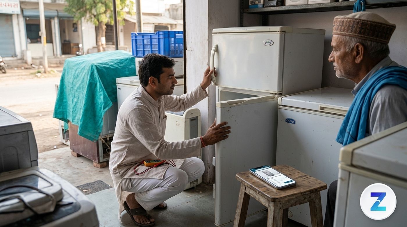 Buyer inspecting a used refrigerator and deep freezer before purchase in Gujarat Buyer inspecting a used refrigerator and deep freezer before purchase in Gujarat