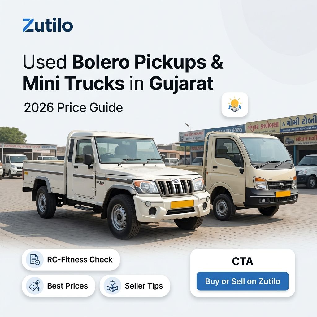 Used Bolero pickups and mini trucks in Gujarat 2026 price guide with RC-fitness checklist and seller tips on Zutilo