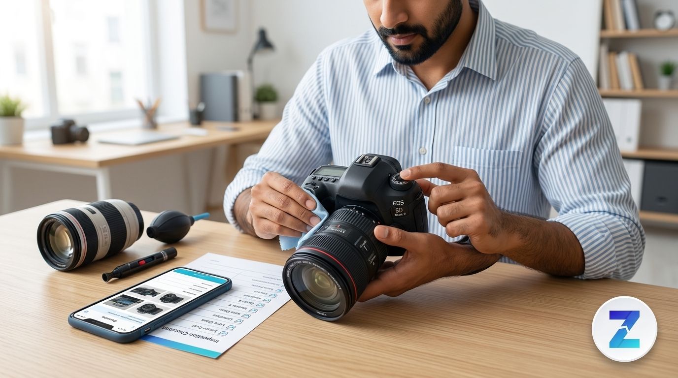 Buyer inspecting a used DSLR camera and lens for a Zutilo listing in Gujarat