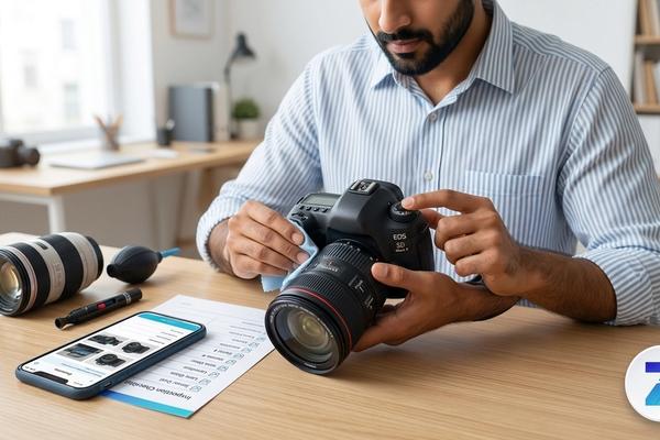 Buyer inspecting a used DSLR camera and lens for a Zutilo listing in Gujarat Buyer inspecting a used DSLR camera and lens for a Zutilo listing in Gujarat