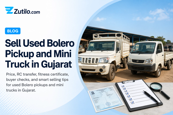 Zutilo blog hero image showing used Bolero pickup and mini truck selling guide in Gujarat Zutilo blog hero image showing used Bolero pickup and mini truck selling guide in Gujarat