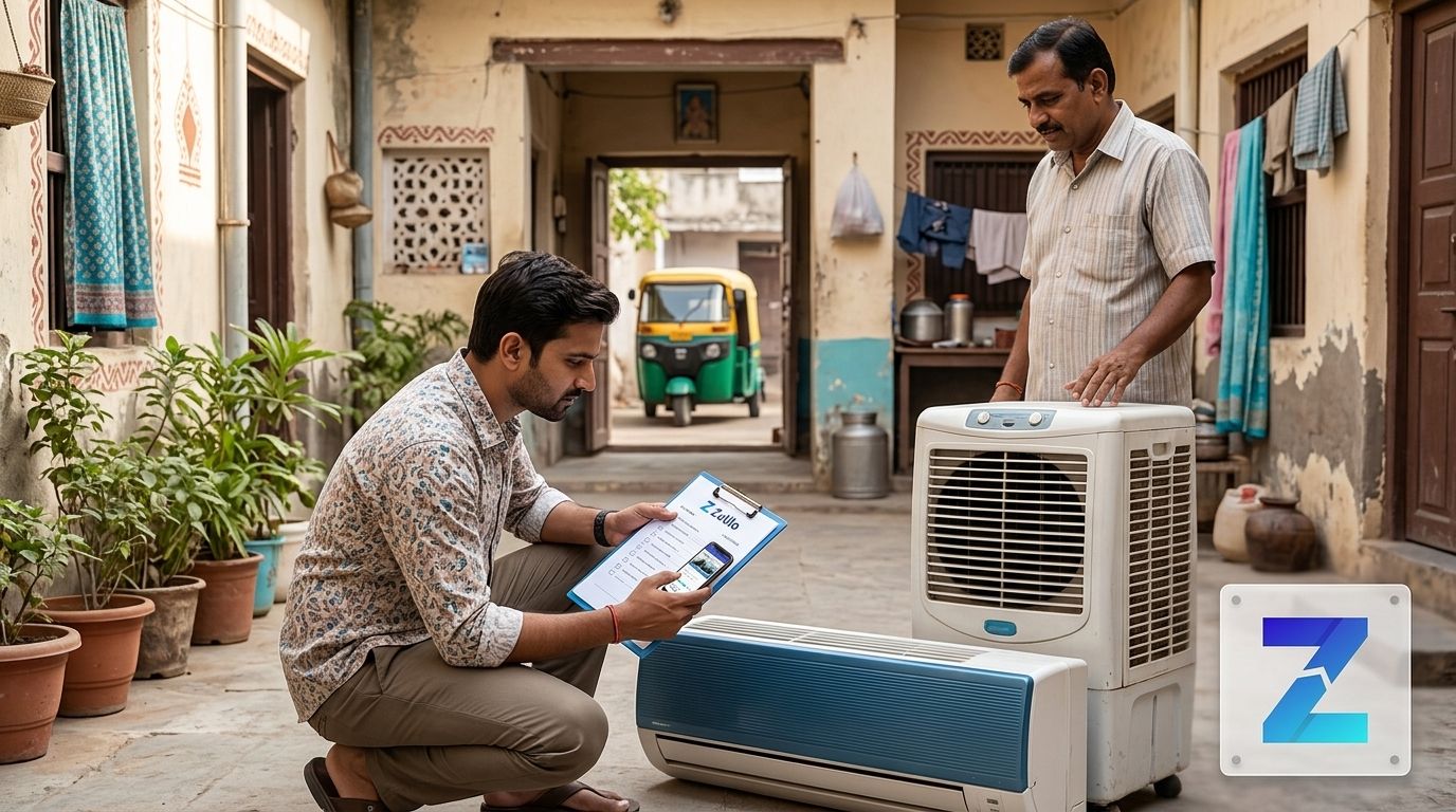 Buyer inspecting a used AC and air cooler in Gujarat with Zutilo listing guidance
